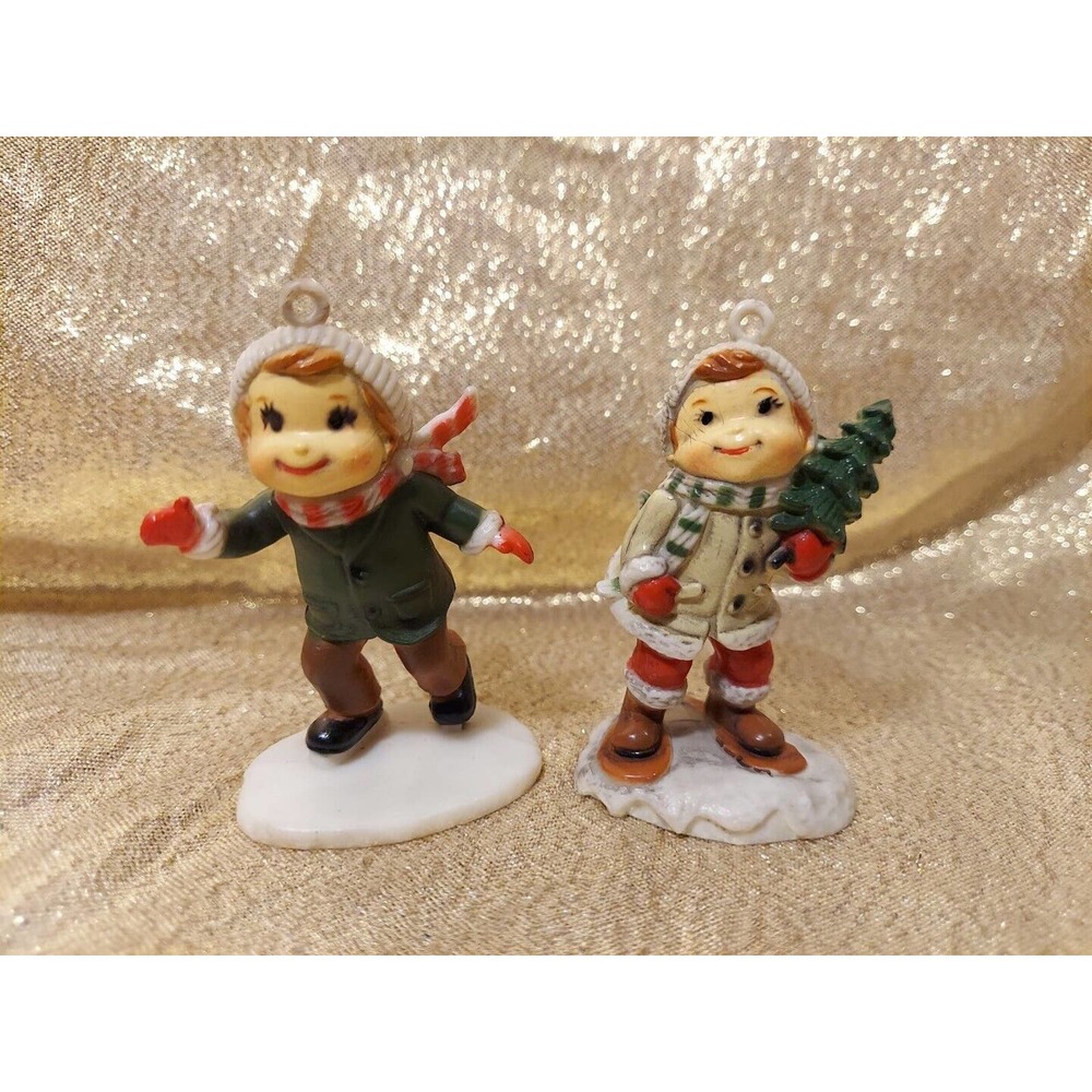 2 Vintage Department 56 Christmas Ornaments Boy Girl Winter Snow Holiday Figures